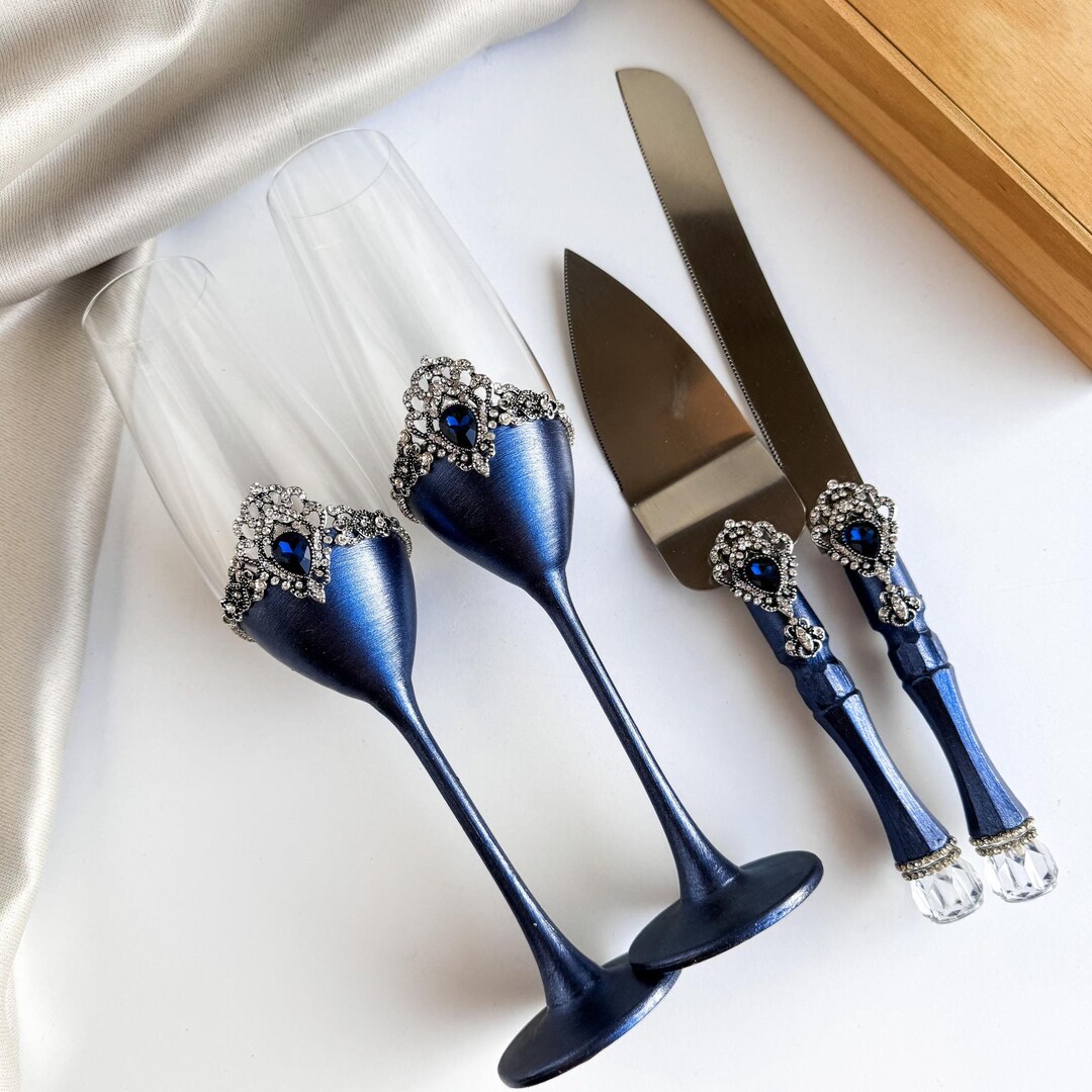 Midnight Blue Wedding Toast Flutes Navy Blue Champagne Glasses Engraved ...