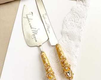 Juego de servidor y cuchillo para pastel de oro personalizado, regalo de boda grabado