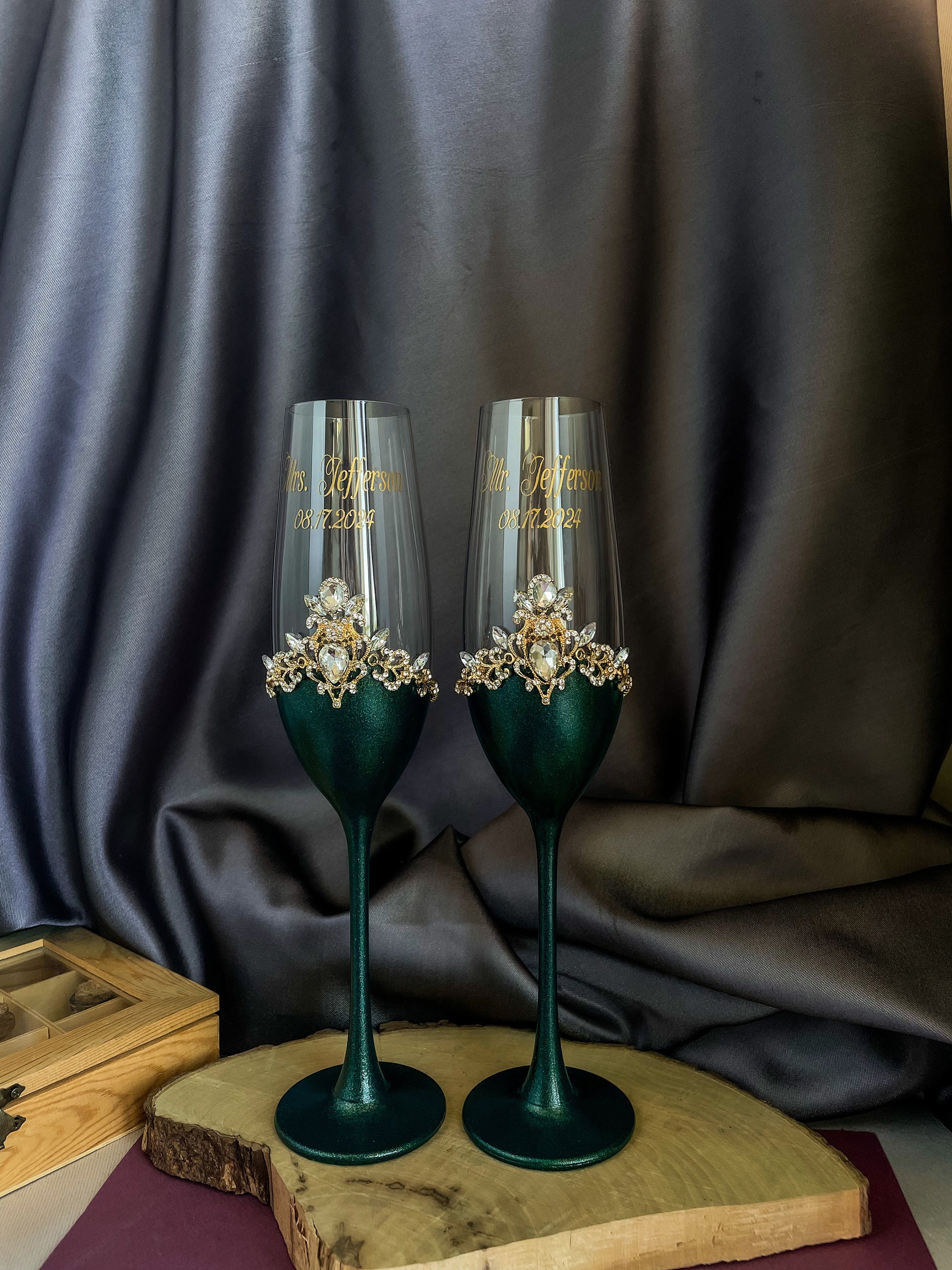 Emerald Wedding Glasses Personalized Wedding Flutes and Cake Set Green ...