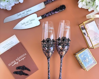 Personalized Black Purple Champagne Glasses and Cake Cutting Set Gothic Wedding Decor
