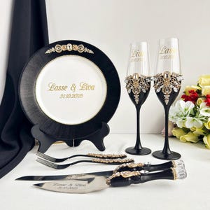 Gothic Wedding Champagne Flutes & Cake Set: Black Stemware, Personalized Toasting Glasses