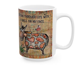 Grazing Cow Ceramic Mug, 15oz