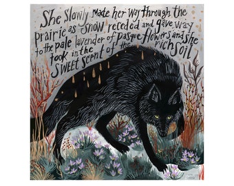 Black Wolf and Pasque Flowers Giclee Print