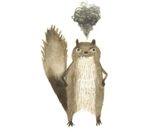 May include: A watercolor illustration of a brown squirrel with a grumpy expression. The squirrel has a bushy tail and is standing with its arms crossed. A cloud of smoke is above the squirrel's head.