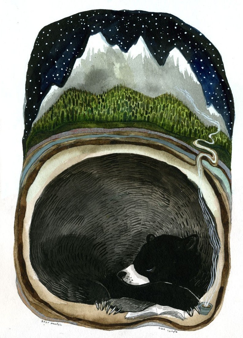 May include: A watercolor painting of a black bear sleeping in a cave with a book and a cup of tea. The cave is depicted as a cross-section of the earth, with a forest, mountains, and a starry night sky above.