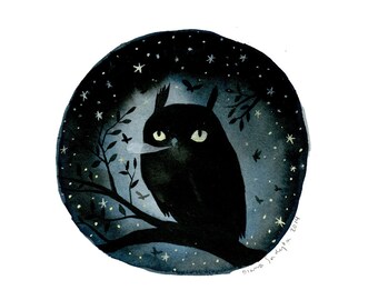 Night Owl - 9 x 9 inch Glow-in-the-Dark Archival Inkjet (Giclée) Print.