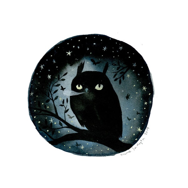 Night Owl - 9 x 9 inch Glow-in-the-Dark Archival Inkjet (Giclée) Print.