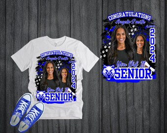May include: White t-shirt with a blue and black graphic design featuring a wolf head, paw prints, and the text "Congratulations Angela Smith Class of 2024 You Did It Senior".