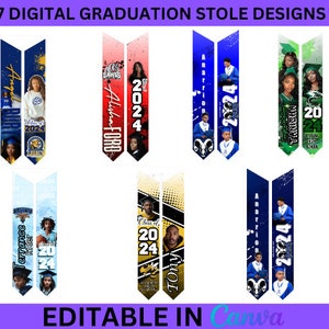 May include: Seven digital graduation stole designs featuring different names, school names, and graduation years. The stoles are in various colours, including blue, green, red, and yellow. The designs are editable in Canva.