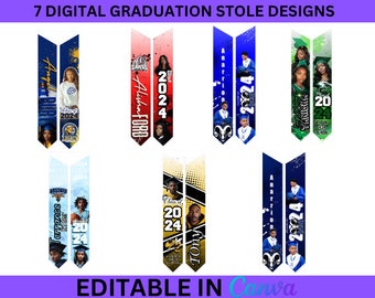 Könnte beinhalten: Sieben digitale Designs für Graduierungs-Stolas mit verschiedenen Namen, Schulnamen und Abschlussjahren. Die Stolas sind in verschiedenen Farben, darunter Blau, Grün, Rot und Gelb. Die Designs sind in Canva bearbeitbar.