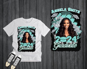 May include: White t-shirt with a black and teal design featuring a woman's portrait, graduation caps, and the text "Angela Smith 2024 Graduate".