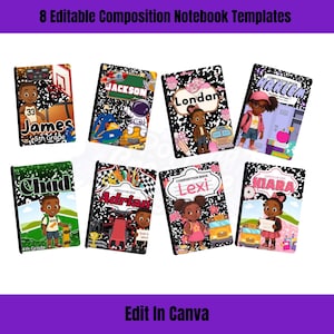 Könnte beinhalten: Acht Kompositionshefte mit personalisierten Einbänden. Jedes Notizbuch zeigt einen anderen Namen und eine andere Illustration, darunter einen Basketballspieler, einen Astronauten und ein Schulmädchen. Die Notizbücher haben einen schwarz-weißen, gesprenkelten Hintergrund und sind mit Klassenstufen versehen.