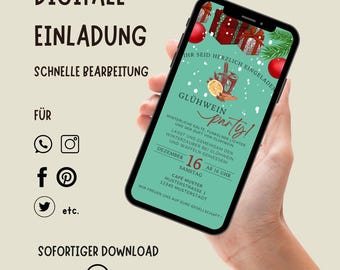Convite para festa com vinho quente via WhatsApp | Convite digital de Natal | Cartão eletrônico animado | Modelo editável no Canva | Convite de Natal