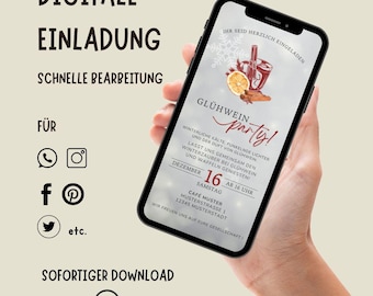 Convite digital de Natal | Convite para festa com vinho quente via WhatsApp | Cartão eletrônico animado | Modelo editável do Canva | Convite para festa de Natal