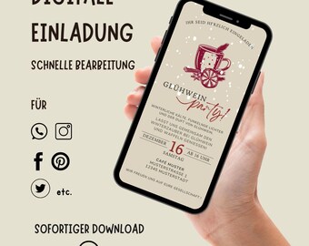 Convite para festa com vinho quente via WhatsApp | Convite digital de Natal | Cartão eletrônico animado | Modelo editável no Canva | Convite de Natal