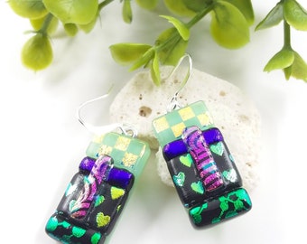 Dichroic glass earrings, fused dichroic, Green earrings, fused glass beads, heart earrings, handmade jewelry, glass jewelry, fun statement