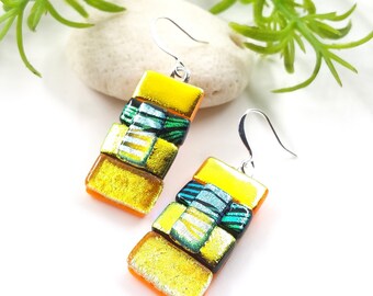 Dichroic earrings, fused glass jewelry, striped earrings, dichroic jewelry, fused dichroic, glass fusion, yellow earrings, statement jewelry