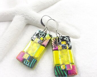 Rainbow Dichroic glass earrings, handcrafted earrings, dichroic jewelry, statement earrings, bold earrings, color block earrings, fun colors