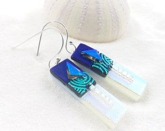 Blue Dichroic jewelry, dichroic earrings, Fused dichroic, trending earrings, handmade jewelry, dichroic glass earrings, fused glass art