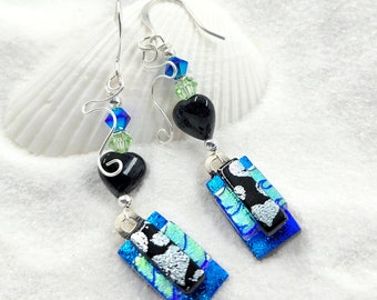 Silver Dichroic earrings, fused glass jewelry, blue heart earrings, glass fusion, fused glass art, dichroic jewelry, Hana Sakura, handmade