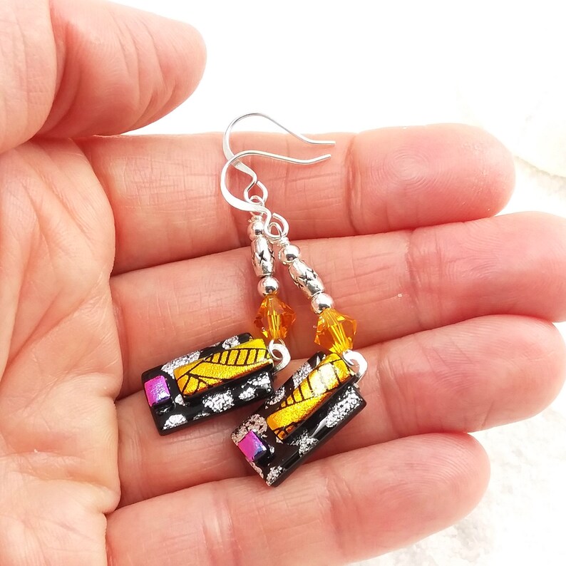 Silver Dichroic earrings, fused glass jewelry, heart earrings, black, glass fusion, fused glass art, dichroic jewelry, Hana Sakura, handmade image 5