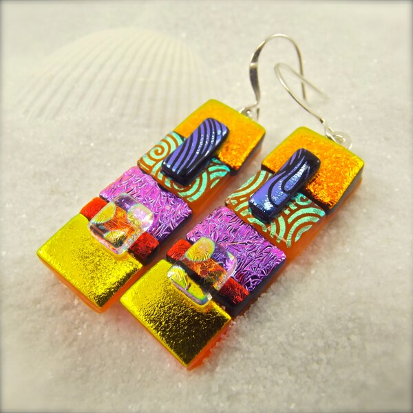 Statement earrings, dichroic earrings, rainbow earrings, dichroic, handmade jewelry, mod and hip, freshly picked, trending now, boho, ooak