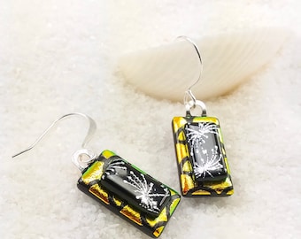 Dichroic earrings, fused glass jewelry, orange dichroic earrings, glass fusion, fused glass art, dichroic jewelry, Hana Sakura, handmade