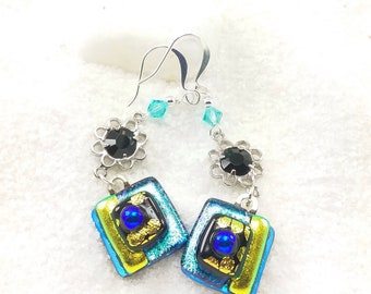 Aqua Dichroic earrings, Blue glass earrings, Swarovski crystals, flower jewelry, glass earrings, dichroic fusion, fun dichroic jewelry