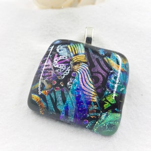 Dichroic Glass Pendant: Rainbow Fused Glass Jewelry, Sterling Silver Plated Bail