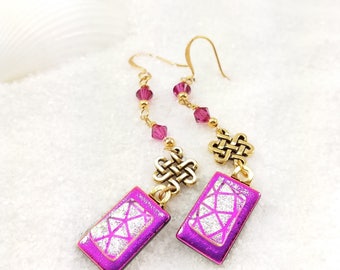 Fused Dichroic glass earrings, Dichroic beads, Hot pink earrings, dichroic earrings, gold plated earrings, artistic earrings, glass fusion