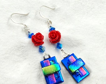 Rose earrings, Blue Dichroic earrings, Flower bud jewelry, fused earrings, glass jewelry, handmade gifts, dichroic glass beads, Hana sakura