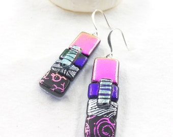 Pastel Dichroic earrings, pink earrings, fused glass jewelry, statement earrings, glass fusion art, fun handmade jewelry, dichroic jewelry