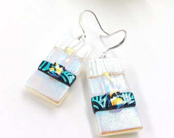 White snowflake earrings,  fused glass earrings, dichroic fusion earrings, dichroic jewelry, aqua blue, white jewelry,handmade gifts, unique