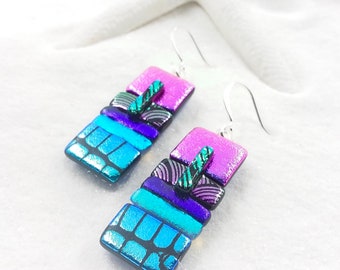 Rainbow Dichroic glass earrings, handcrafted earrings, dichroic jewelry, statement earrings, bold earrings, color block earrings, fun colors
