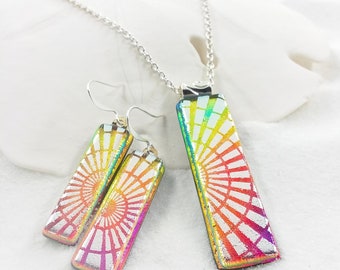 Dichroic glass jewelry set, dichroic necklace, dichroic earrings, rainbow earrings, rainbow jewelry, handmade gifts, heavens rainbow, glass