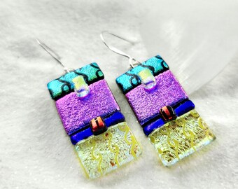 Rainbow Dichroic glass earrings, handcrafted earrings, dichroic jewelry, statement earrings, bold earrings, color block earrings, fun colors