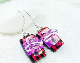 Ruby red earrings, dichroic earrings, fused glass jewelry, glass earrings, striped earrings, Valentines Day, creative jewelry, dichroic