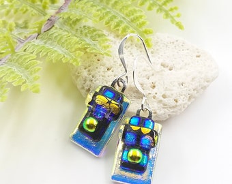 Dichroic drop earrings, glass fusion earrings, dichroic glass earrings, silver fusion, yellow earrings, handmade gifts, fused glass art