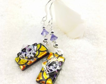 Dichroic earrings, fused glass jewelry, orange dichroic earrings, glass fusion, fused glass art, dichroic jewelry, Hana Sakura, handmade