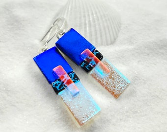 Blue Dichroic glass earrings, handcrafted earrings, dichroic jewelry, statement earrings, bold earrings, color block earrings, fun colors