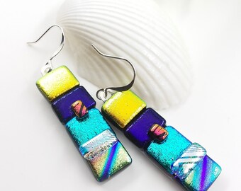 Dichroic glass earrings, fused dichroic jewelry, Glass earrings, unique earrings, artisan dichroic jewelry, statement earrings, glass fusion