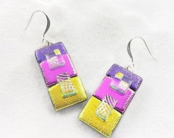 Fused glass earrings, rainbow earrings, dichroic glass, dichroic earrings, fused dichroic, glass fusion, Hana sakura design, handcrafted
