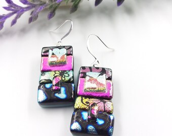 Heart earrings, dichroic fused earrings, glass fusion, dichroic jewelry, rainbow earrings, flower earrings, love valentines Day, Handmade