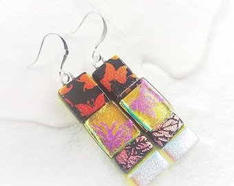 Butterfly earrings, yellow pink earrings, dichroic earrings, fused glass jewelry, dichroic jewelry, statement earrings, butterfly jewelry