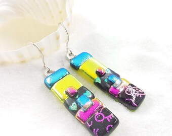 Rainbow Dichroic glass earrings, handcrafted earrings, dichroic jewelry, statement earrings, bold earrings, color block earrings, fun colors