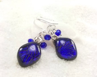 Sapphire blue earrings, dichroic earrings, glass fusion art, fused dichroic, dichroic jewelry, dark blue jewelry, oval earrings, handmade