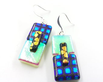 Dichroic glass earrings, Tartan jewelry, Scottish earrings, blue green jewelry, fused glass jewelry, handmade jewelry, statement earrings