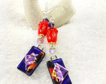 Dichroic earrings, fused glass jewelry, purple dichroic earrings, glass fusion, fused glass art, dichroic jewelry, Hana Sakura, handmade