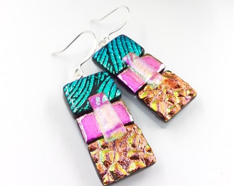 Unique dichroic glass earrings, glass fusion jewelry, Christmas earrings, dichroic jewelry, Hana Sakura, bold statement earrings, dangle