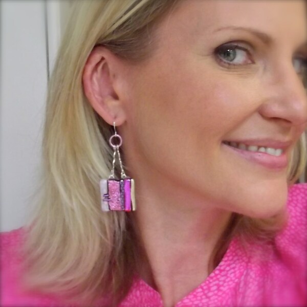 Trending now, pink statement earrings, bohemian jewelry, dangle & drop earrings, handmade jewelry, dichroic earrings, unique wedding gift